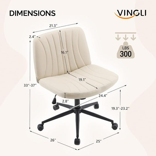 VINGLI Criss Cross Legged Chair,Wide Comfy Office Desk Chair,Dual-Use with/no Wheels Computer Task Chair,Swivel Armless Vanity Rolling Chair for Study,Make Up,Home Office,Cat Scratch PU Leather,Khaki