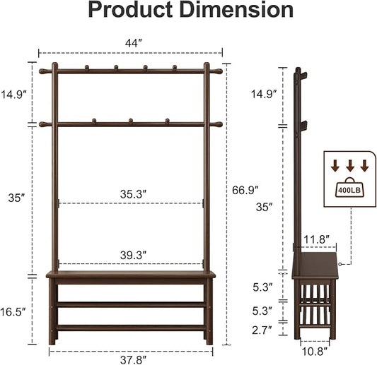 AQIMUELE Hall Tree, Coat Rack with Shoe Storage, Wooden Hall Tree with Bench, 11 Hooks and 2-Tier Storage Shelves, Entryway Bench with Coat Rack (39.3" - Deep Walnut)