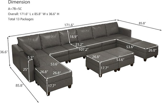 EASE MOOSE Oversized Sectional Sofa Modular Couch with Reversible Chaises, Faux Leather U Shaped Sectional Couch with Storage Convertible Sleeper Sofa