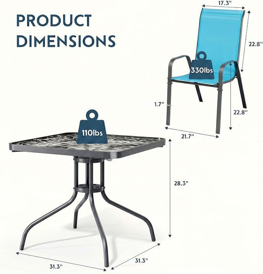 Arlopu 5 Piece Outdoor Patio Dining Set (Umbrella not Included), Porch Furniture with 4 Textline Chairs, 1 Square Glass Table for Garden, Backyard and Poolside, Lawn (Blue)