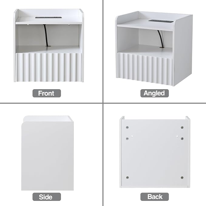 BuildHom Modern Fluted Floating Nightstand Wall Mounted - Bedside Table with Storage Drawer & Display Shelf, Minimalist Bedroom Furniture for Studio Apartments (Matte White)
