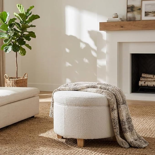 HomePop 24" Large Round Storage Ottoman - Cream Boucle