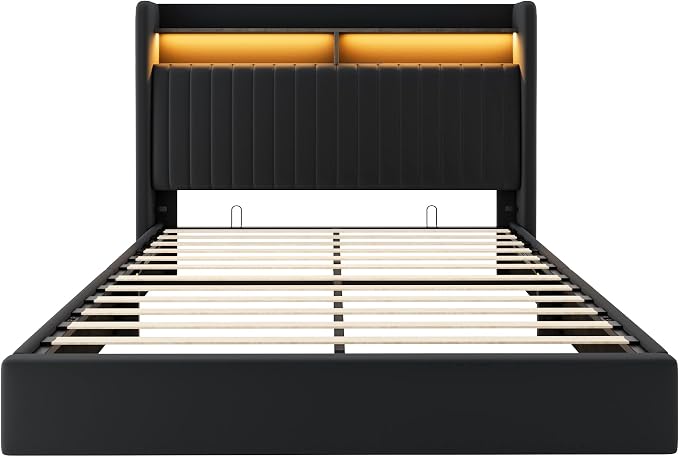 Allewie Full Size Lift Up Hydraulic Storage Bed Frame, 2-Tier Shelf Headboard with LED Lights and Charging Station, USB and Type C Ports, Wingback Velvet Headboard, No Box Spring Needed, Black