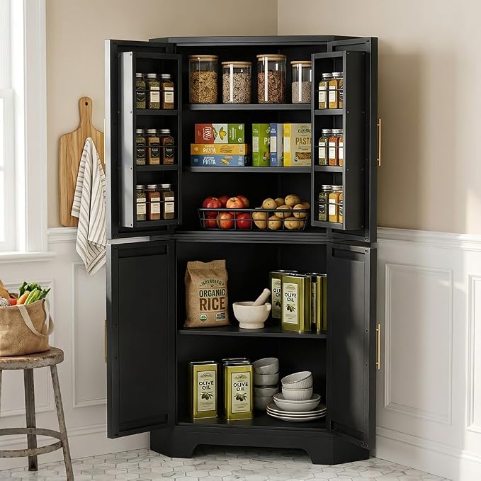 Corner Cabinet, Metal Storage,Kitchen Pantry Cabinet with Adjustable Shelves & Spice Rack, Tall Freestanding Corner Pantry with Shaker Doors & Gold Handles for Kitchen, Bathroom, Living Room (Black)