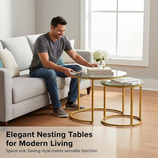 Round Nesting Coffee Table Set of 2, Modern Glass Nesting Tables, Stacking Minimalist End Table for Living Room Bedroom Small Space, Clear Tempered Glass and Gold