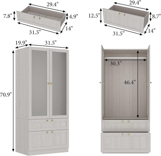 MOUMON Modern Wardrobe with Drawers, Bedroom Armoires with Frosted Glass Doors and Hanging Rod, Armoire Wardrobe Closet with Gold Knobs, Wood Grain 31.5" W x 19.9" D x 70.9" H