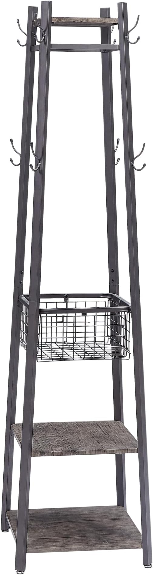 VECELO Industrial Coat Rack,Enterway Clothes Stand with 2 Tier Storage Shelves and Metal Basket,Upgrade Hall Trees with 8 Dual Hooks,Antique Brown
