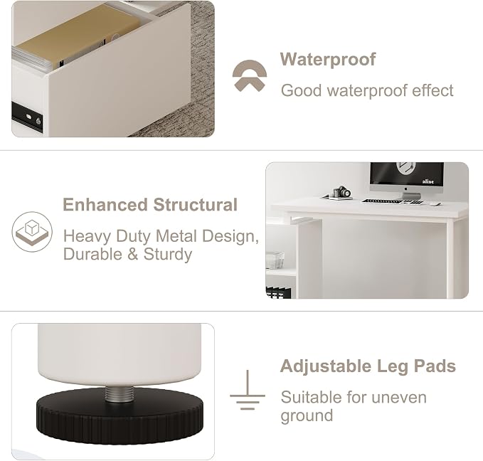 Bobve L Shaped Computer Desk, 47 Inch Home Office Desk with File Drawers & Storage Shelves, Small Corner Computer Desk for Small Space (White)