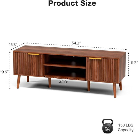 LCRBOL TV Stand with Fluted Doors for TVs up to 65", Mid-Century, Walnut | 54.3"W x 15.3"D x 19.6"H, 150 lbs capacity, 2 fluted door cabinets & 2 adjustable shelves, cable holes, 5 tapered legs