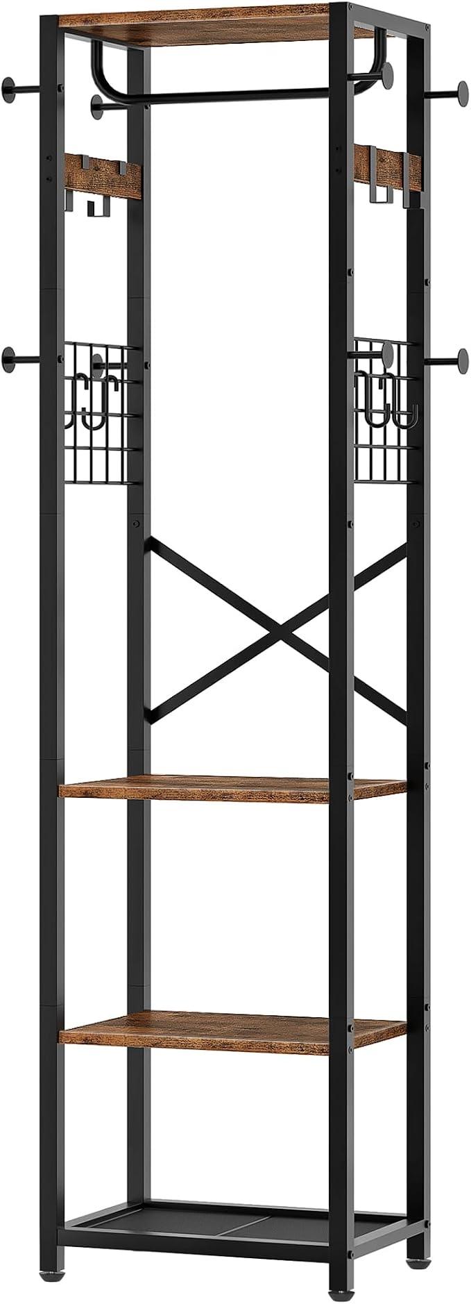 CHOEZON Coat Rack with Shelves, Freestanding Hall Tree, Coat Tree with 16 Hooks and Hanging Rail, Industrial Clothes Stand for Entryway, Hallway, Bedroom, Rustic Brown and Black TYM18BF