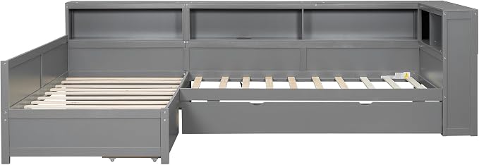Bellemave L Shaped Corner Bed for 2 Kids, Double Twin Platform BedFrame with Trundle and 5 Storage Shelves, Charging Station, Gray
