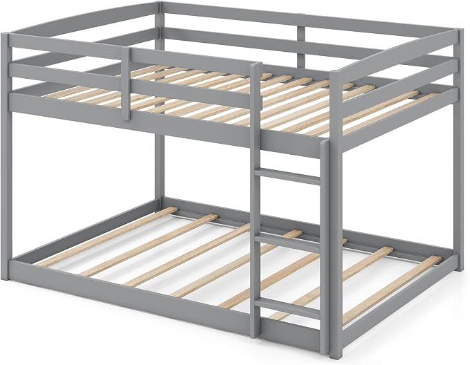 KOMFOTT Low Bunk Bed Full Over Full, Solid Wood Full Bed Frame with Built-in Ladder & Safety Guardrails, No Box Spring Needed, Space-Saving Low Bunk Bed for Kids & Teens