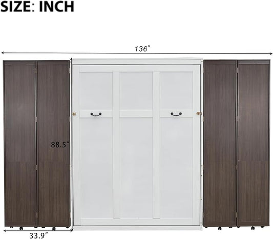 Queen Murphy Bed with Storage Doors, Space Saving Wall Bed Cabinet Hydraulic Lift Helps Raise and Lower the Bed, While Hidden Side Storage Keeps Bedding and Daily Essentials Organized