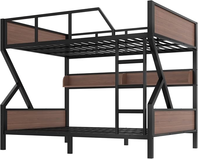 KEIKI Queen Over Queen Bunk Bed, Heavy Duty Metal Bunkbed with Storage Shelves, Lights, Bottom Space & Guardrail for Aldults Dorm Bedroom Guest Room, No Box Spring Needed, Noise-Free Design
