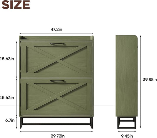 Maupvit Shoe Storage Cabinet with 2 Flip Drawers, Freestanding Shoe Organizer with Metal Legs for Entryway, Narrow Shoe Rack Cabinet, Green