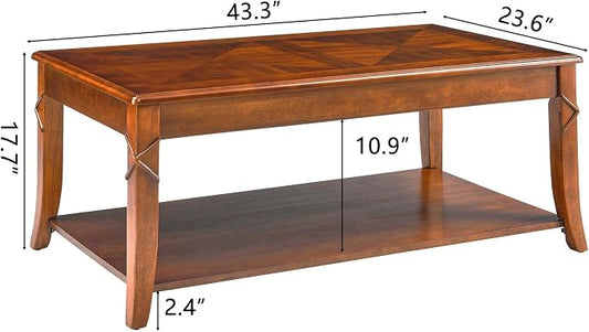 Solid Wood Coffee Table with Storage Shelf, Mid Century Modern Rectangle Coffee Table for Living Room, Large Countertop Center Table, Cherry Walnut KFZ-DR200