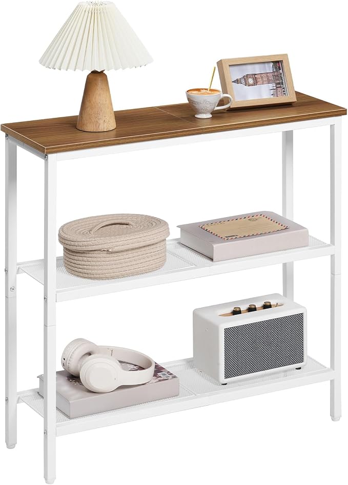 HOOBRO 29.5" Narrow Console Table, 3 Tier Entryway Table with Shelves, Thin Sofa Table, Behind Couch Table, Display Side Table, for Hallway, Entrance, Living Room, Walnut and White WH73XG01