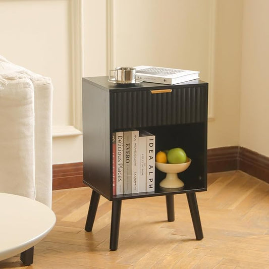 Fultyle Fluted Black Nightstand with Charging Station, Mid Century Modern Bedside Table with Drawers and Outlet, Side Tables Living Room, Wooden Night Stand for Bedroom, Office (Black)