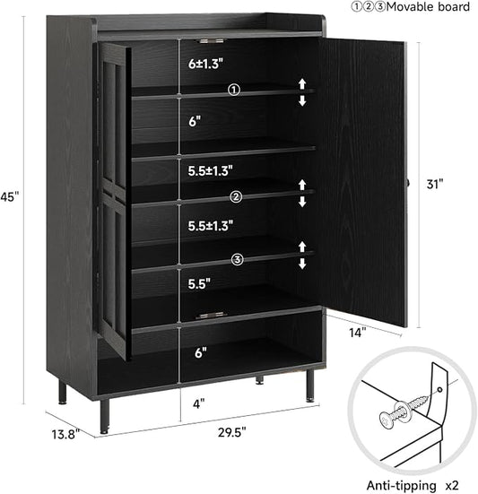 ComfyCorner Black 7+1 Tier Farmhouse Shoe Storage Cabinet - 45" Tall Entryway Organizer with Cross Molding Doors, 3 Adjustable Shelves & Metal Legs, Shoe Rack for Front Door Entrance