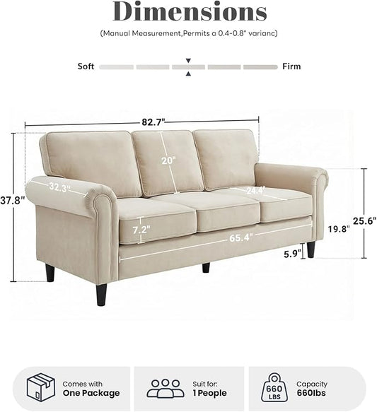 Kingfun 3 Seater Couch, Mid Century Modern Sofa with Rolled Arms and Deep Seats, Fluffy Comfort for Living Room, Apartment, Easy Assembly, Khaki