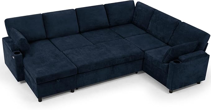 110" Chenille Sectional Sofa w/Pull Out Bed & Storage Chaise, Blue | Reversible U Shape Sofa w/Storage Armrests & Cup Holders, Corner Couch w/USB Charging Port & Throw Pillows for Living Room