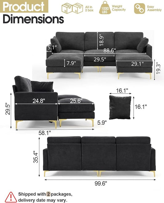 Karl home 99.6" 3-Seat U-Shaped Sectional Sofa, Gray | Chenille Upholstered, 2 Movable Ottomans, Cloud-Like Seat, 2 Throw Pillows, Comfy Deep Seat, Living Room, Apartment, Office
