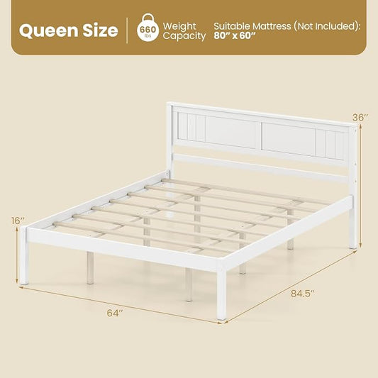 Giantex Queen Wood Platform Bed Frame with Headboard, Mid Century Queen Bed Frame with Wood Slat Support, Solid Wood Foundation with 16" Under Bed Storage, No Box Spring Needed, Easy Assembly (White)
