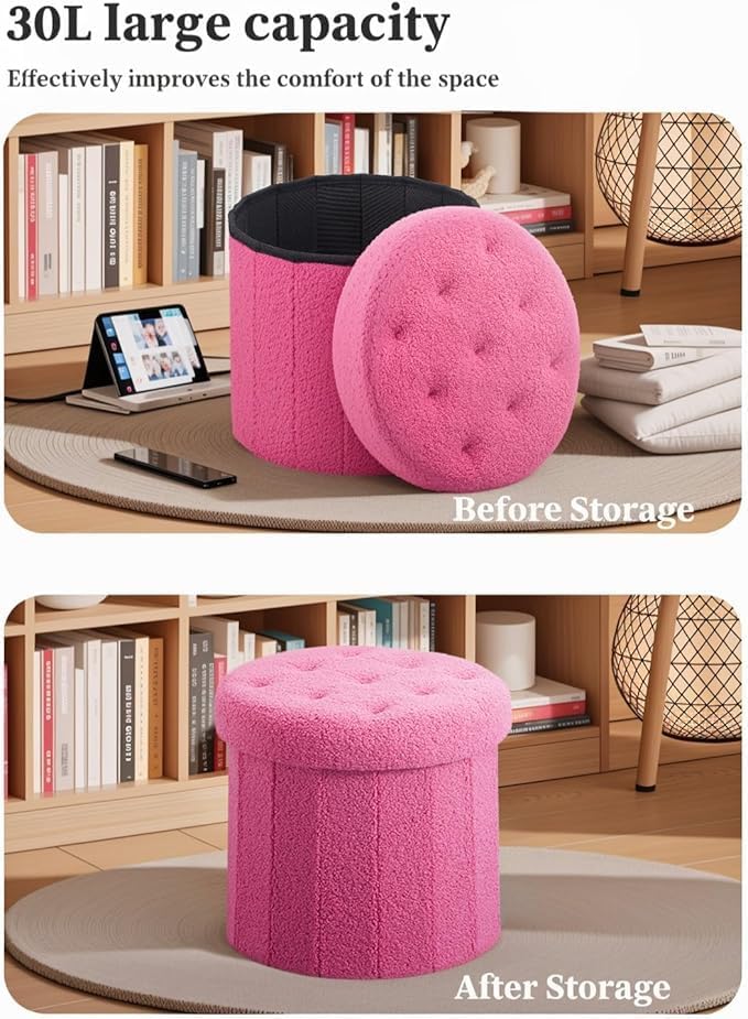 Bsketa Round Storage Ottoman, 14" Folding Velvet Foot Stool,Pink 2 Pack
