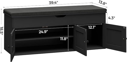 Homleke Shoe Storage Bench with Lift Top & 3 Barn Doors, Entryway Bench with Removable Cushion, Adjustable Shelf, Hidden Storage Cabinet for Hallway, Living Room, Bedroom - Black