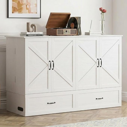PUREMIND Murphy Bed Queen with Mattress Included, Crisscross Frame Cabinet Beds Chest with Charging Station & Storage Drawers, Convertible Hideaway Cabinet Bed for Guest Room, Small Spaces, White