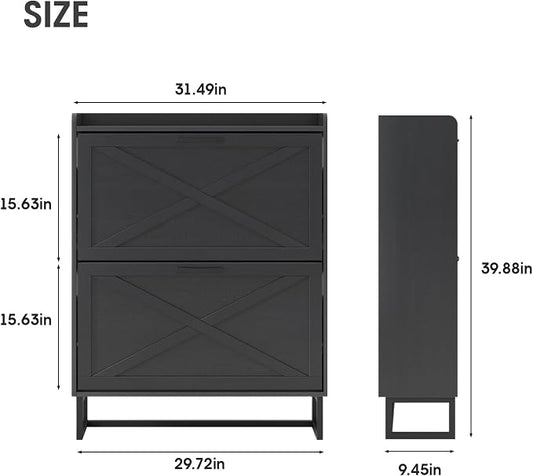 Maupvit Shoe Storage Cabinet with 2 Flip Drawers, Freestanding Organizer with Metal Legs for Entryway, Narrow Shoe Rack Cabinet, Black