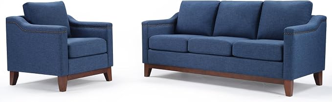 HAOMARKETS Modern 2 Piece Sofa Set with Rivets, Included Fabric Accent Chair and Upholstered 3-Seater Couches with Solid Wood Legs, Living Room Furniture Set,Blue