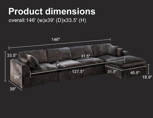 146" Modular Sectional Sofa – Modern Cloud Couch with Deep Chenille Seats, L-Shaped Boneless Sofa, Pet-Friendly, No Assembly, Warm White (4 Seater + 1 Ottoman)