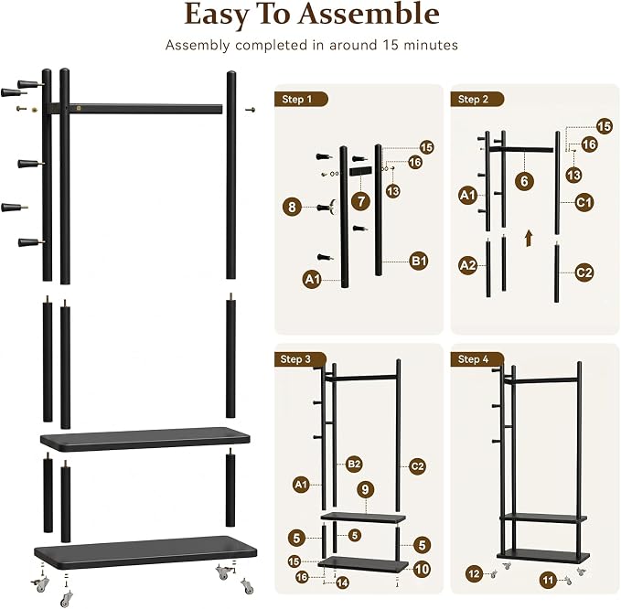 Taitiy Solid Wood Coat Rack Freestanding, Coat Rack Stand with 2 Shelves & 4 Hooks, Coat Tree for Entryway, Hallway, Bedroom, Living Room, Office - Clothing Rack for Coats, Hats, Bags (Black-L-Wheel)