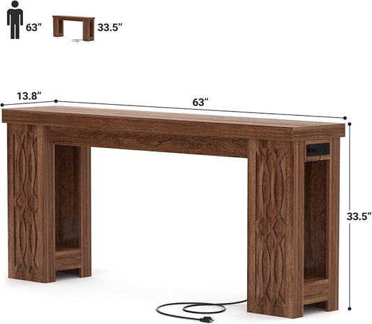 Cyclysio 63" Console Table with Outlet, Farmhouse Entryway Table with Colorful LED Lights, Wooden Sofa Table with Unique Carved Design, Foyer Accent Table for Entrance, Hallway, Living Room