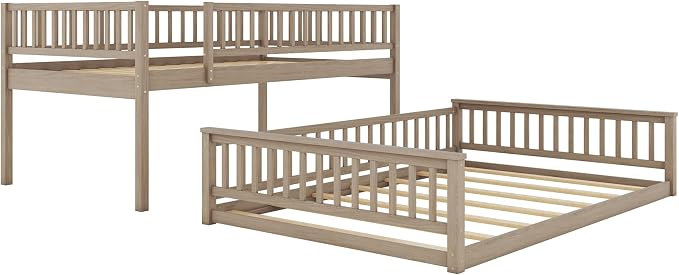 Full XL Over Queen Bunk Bed with Safety Guardrails, Solid Wood Floor Bunk Bed Frame with Sturdy Slat Support for Kids Teens Adults, Detachable Design (Walnut-tra)