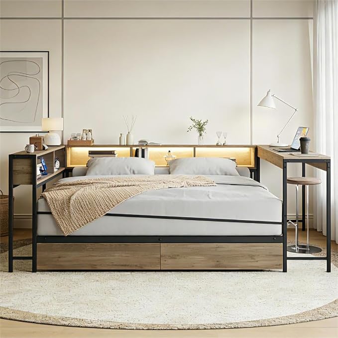 Bellemave Twin Corner Bed Frame with Storage Bookcase & 2 Drawers, Modern Metal Twin Daybed with LED Lights & Charging Station, Reversible Twin Corner Bed with Desk for Space-Saving, Grey