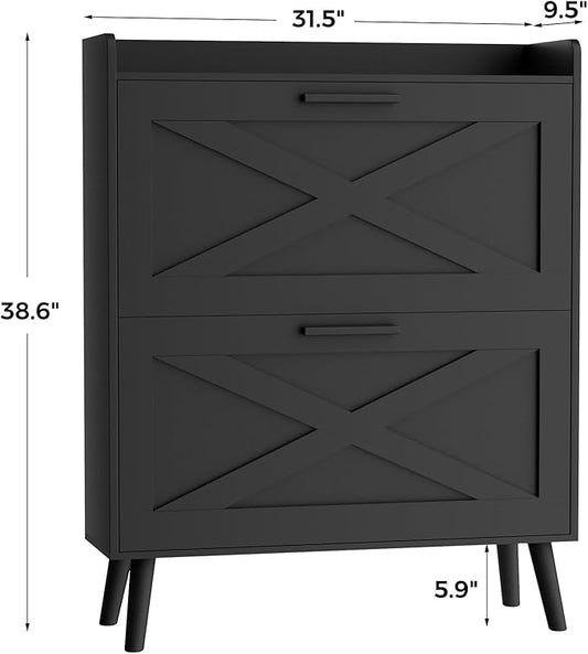 Homleke Farmhouse Shoe Storage Cabinet with Flip Drawers & Barn Door Design | Slim Narrow Shoe Rack Cabinet with Adjustable Shelves & Hidden Storage for Entryway, Foyer, Hallway, Living Room, Black