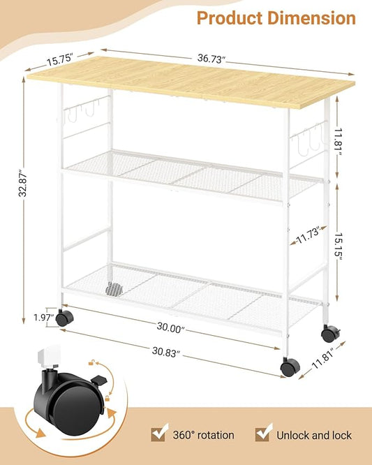 Kitchen Island with 3 Shelves, Rolling Kitchen Cart with 6 Hooks and Protective Shelf, Microwave Stand on Lockable Wheels, Bakers Rack Coffee Bar for Dining, Living Room, Outdoor, Metal Frame, White