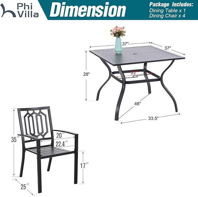 PHI VILLA 5 Pieces Outdoor Dining Set for 4, 37” Black Square Wrought Iron Table with Umbrella Hole & Stackable Chairs, Outside Metal Furniture for Patio, Deck, Yard, Porch