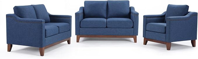 HAOMARKETS Modern 3 Piece Sofa Set with Rivets, Included Fabric Accent Chair, and Upholstered Loveseat 2-Seater Couches Set of 2 with Solid Wood Legs, Living Room Furniture Set,Blue