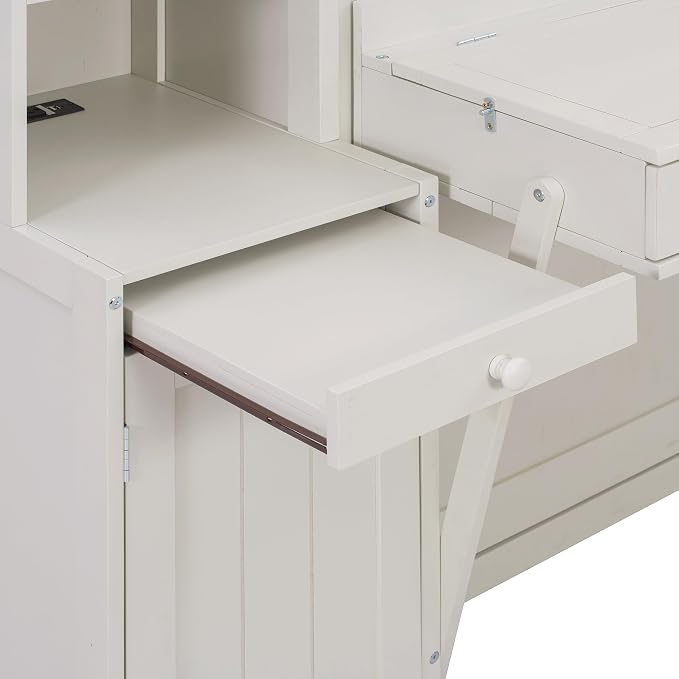 Merax Queen Size Murphy Bed with Desk and Lights, Power Outlet, Foldable Murphy Cabinet Bed with Open Storage Shelves & Drawers, Wood Space-Saving Hidden Wall Bed for Guest Room Office, Antique White