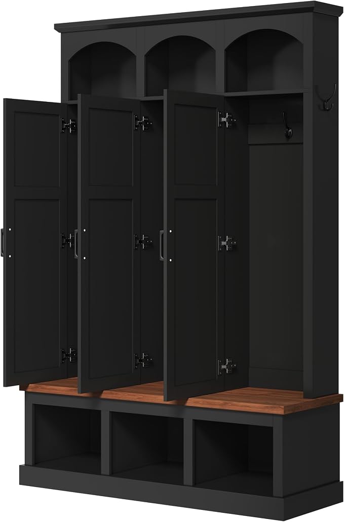 Merax Classic Arched Hall Tree with 3 Hidden Storage, Farmhouse Mudroom Bench with 5 Hooks, Mid-Century Entryway Organizer for Shoes, Black