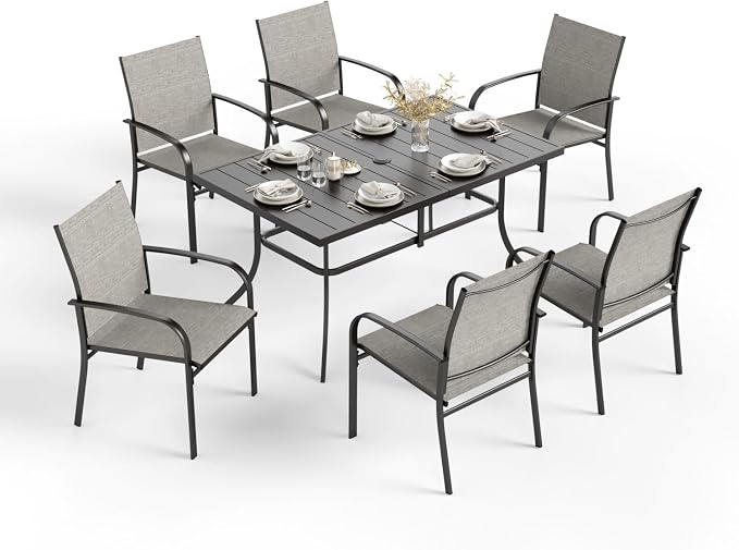 HERA'S HOUSE 7 PCS Patio Dining Set, All-Weather Outdoor Table Chairs Set, 6 x Patio Dining Chairs, Rectangular Metal Table with Umbrella Hole for Yard Garden Porch Deck (Brown)