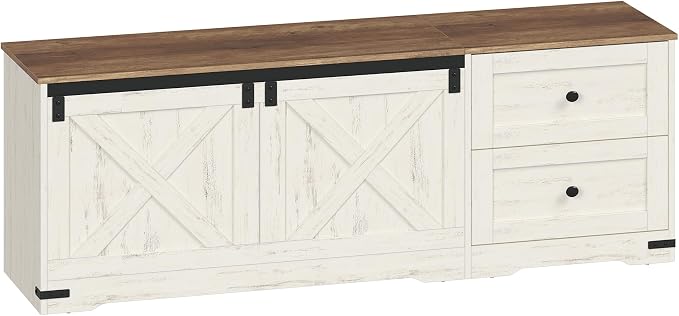 Hzuaneri Storage Chest, 58" Extra Large Storage Bench with Double Drawers, Farmhouse Style Wooden Chest Bench with Barn Door, Large Trunk for Living Room, Bedroom, or Entryway, Antique White SB15114X