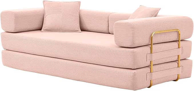 4-in-1 Folding Convertible Sofa Bed, 78 Inch Boneless Couch with Fixed-Shape Frame, Corduroy Loveseat Sleeper with Pull Out Bed, Floor Sofa Modular Futon Couch for Living Room Bedroom Lounge (Pink)