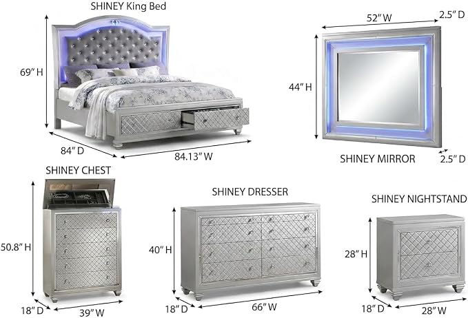 First of a Kind Shiney Contemporary 5 Piece King Bedroom Set High Gloss Silver Finish with Upholstered Headboard, Sleek Modern Bedroom Furniture Set for Coordinated Interiors
