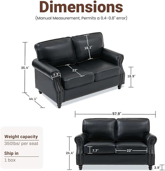 Kingfun Loveseat 2 Seater Couch with Chair, Mid Century Modern Faux Leather Sofa Set with Rolled Arms and Deep Seats, Fluffy Comfort for Living Room, Apartment, Easy Assembly,Black