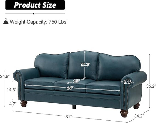 81" Genuine Leather Sofa, Classic 3-Seater Couchs with Wood Legs, Stylish & Comfortable Sofa for Living Room or Office, Easy Assembly and Maintain & Long-Lasting, Turquoise