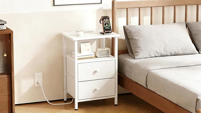 Nightstand with Charging Station, Bedside End Table with 2 Fabric Drawers for Bedroom, Side Table with USB Ports and Outlets (White)